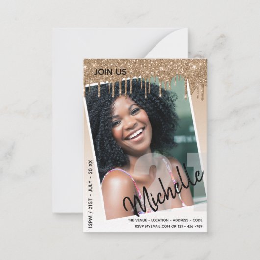 BUDGET 21e verjaardag FOTO Druppelende Glitter Uit Notitiekaartje (Voorkant)