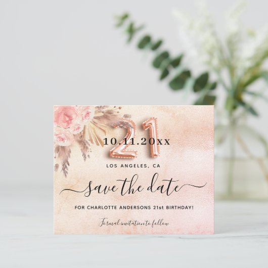 Budget 21e verjaardag pampas roze save the date (Staand voorkant)