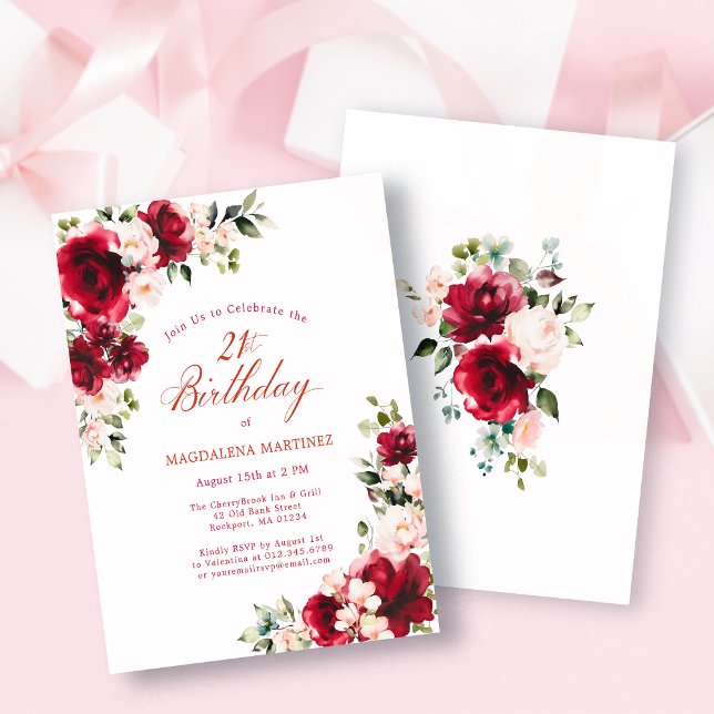 BUDGET 21st Birthday Red Pink Rose Invitation (Creator heeft geüpload)