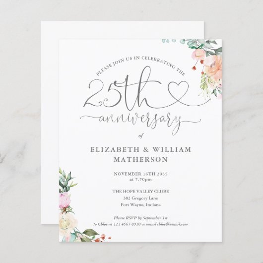 Budget 25e Jubileum Hart Bloemenuitnodiging (Voorkant / Achterkant)