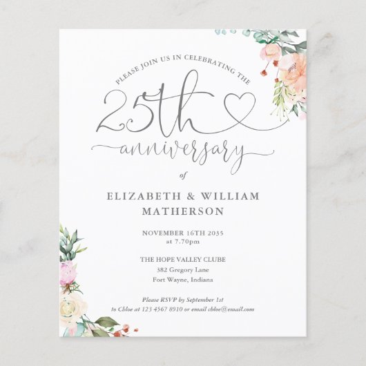 Budget 25th Anniversary Heart Bloemige Uitnodiging (Voorkant)