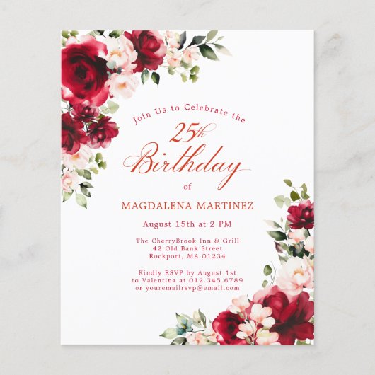 BUDGET 25th Birthday Red Pink Rose Invitation (Voorkant)