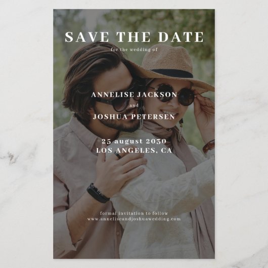 Budget 2 foto moderne casual bruiloft save the dat flyer (Achterkant)