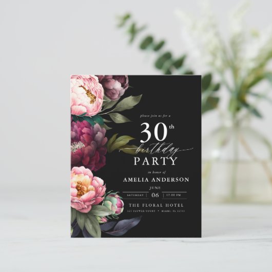 Budget 30e verjaardag Moody Bloemen Uitnodiging (Staand voorkant)