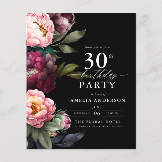 Budget 30e verjaardag Moody Bloemen Uitnodiging (Voorkant)