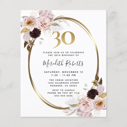 Budget 30e verjaardag Rozen Gold Party Uitnodiging (Voorkant)