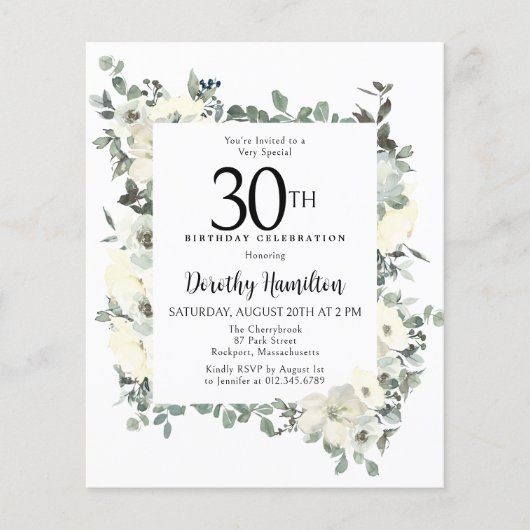 Budget 30e Verjaardag Witte Bloemen Uitnodiging (Voorkant)