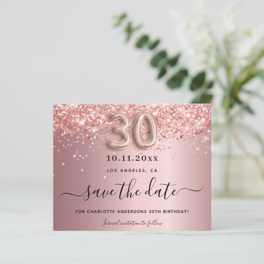 Budget 30e verjaardag zachte roze glitter save the (Staand voorkant)