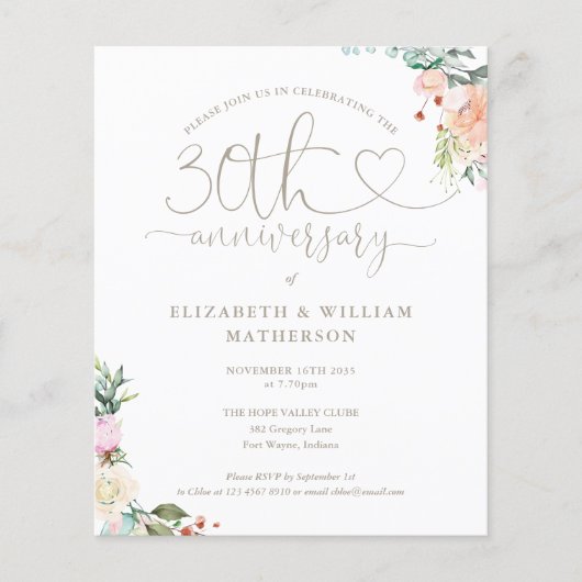 Budget 30th Anniversary Hart Bloemen Uitnodiging (Voorkant)