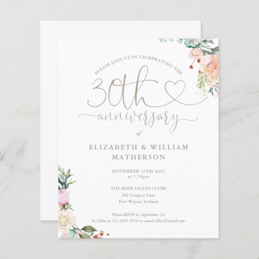 Budget 30th Anniversary Hart Bloemige Uitnodiging (Voorkant / Achterkant)