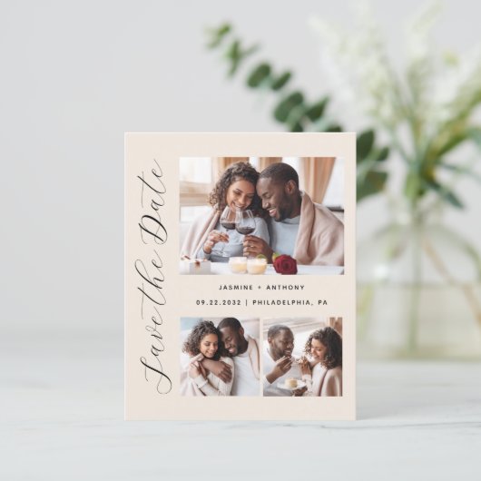 Budget 3-Foto Beige QR-code Save the Date (Staand voorkant)