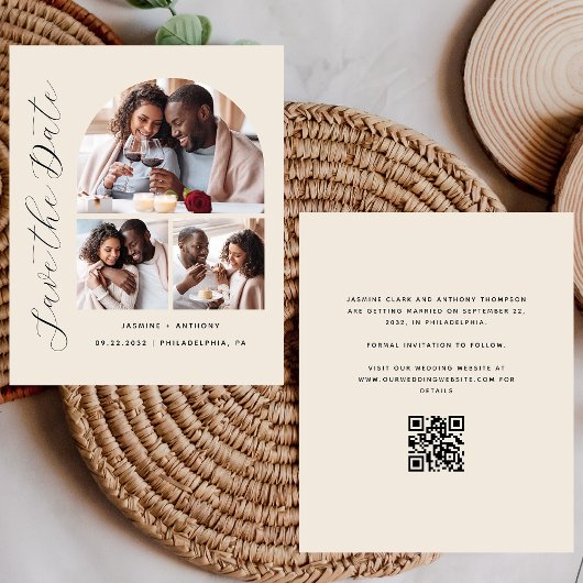 Budget 3-Foto Beige QR-code Save the Date