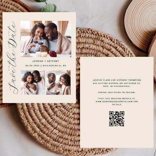 Budget 3-Foto Beige QR-code Save the Date