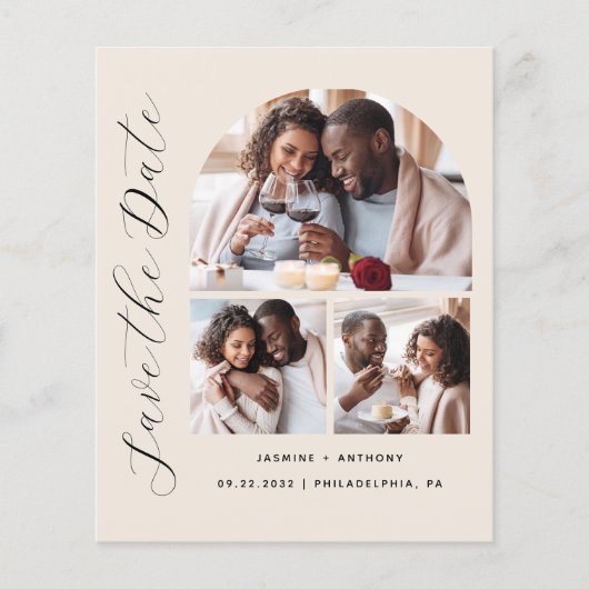 Budget 3-Foto Beige QR-code Save the Date (Voorkant)