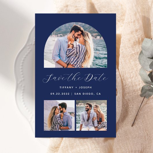 Budget 3-Foto Boho Boog Marine Blauw Save the Date