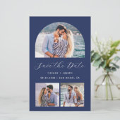 Budget 3-Foto Boho Boog Navyblauw Save the Date (Staand voorkant)
