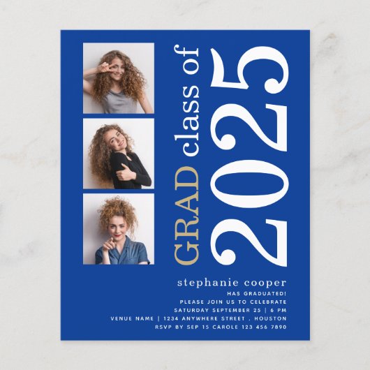 Budget 3 foto Bold 2025 Blauw Afstuderen Uitnodige (Voorkant)