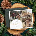 Budget 3 Foto Collage Arch Vrolijk Kerstfeest Foto<br><div class="desc">Maak herinneringen onvergetelijk met onze budget Holiday Photo Card. Presenteren van een heerlijke 3-foto collage met een boog overlay aan de linkerkant, verfraaid met "Merry Christmas" in faux gouden folie script kalligrafie. Personaliseer het met uw familienaam en jaartal in een strak, minimalistisch lettertype. Draai het om om een rijke groene...</div>