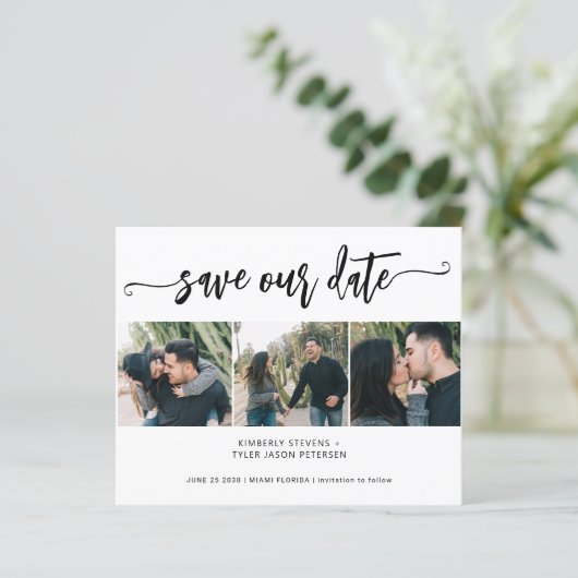 Budget 3 foto collage moderne trouwkaart aankondig (Staand voorkant)