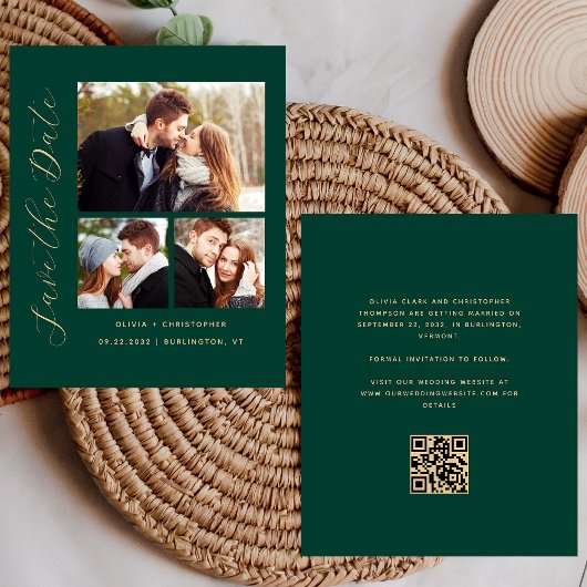 Budget 3-Foto Emerald Green QR-code Save the Date