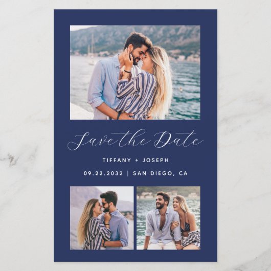 Budget 3-Foto Navy Blue QR Code Save the Date (Voorkant)