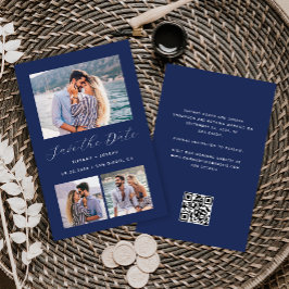 Budget 3-Foto Navy Blue QR Code Save the Date