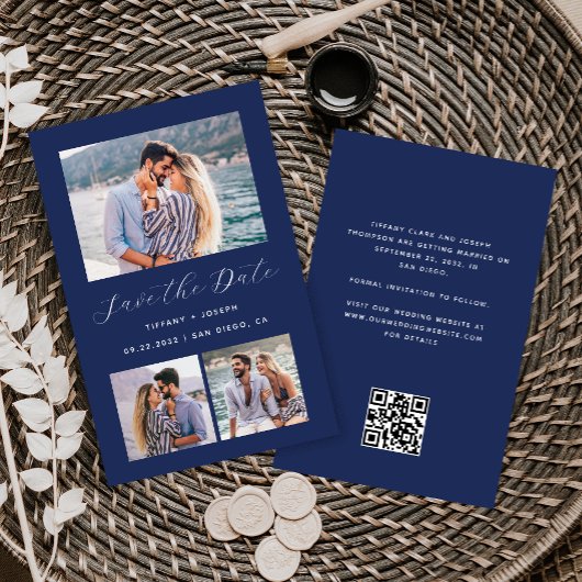 Budget 3-Foto Navy Blue QR Code Save the Date