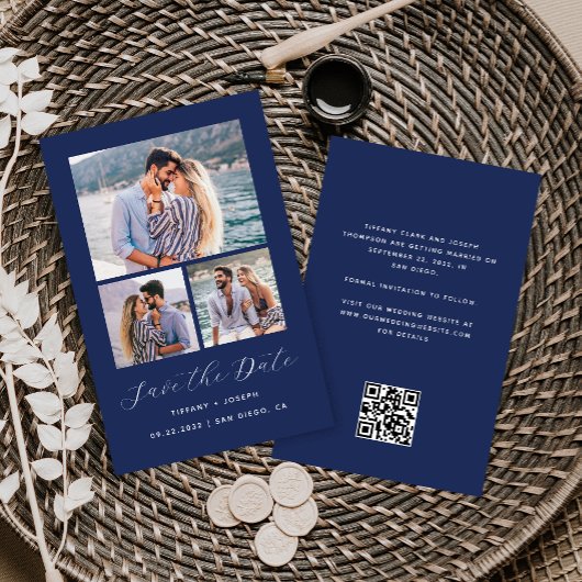 Budget 3-Foto QR Code Navy Blue Save the Date