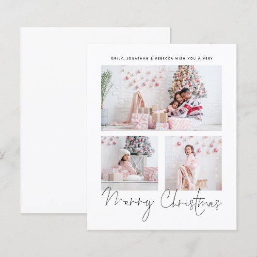 BUDGET 3 Foto's Family Script Merry Kerstcard (Voorkant / Achterkant)