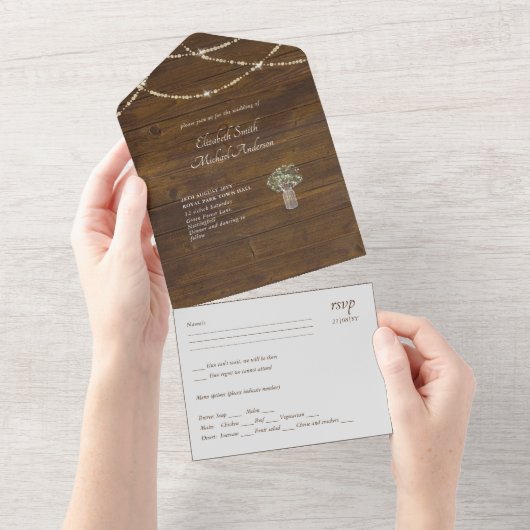 Budget 3 in 1 RUSTIC WOOD Wedding Invite All In One Uitnodiging (Afscheurbaar)