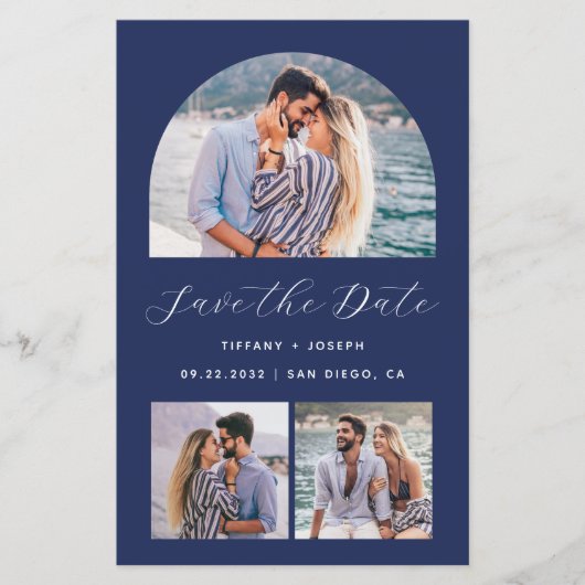 Budget 3-Photo Arch QR Code Navy Save the Date (Voorkant)