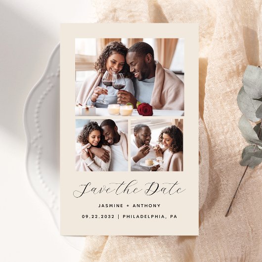 Budget 3-Photo Collage Beige Bewaar de datum