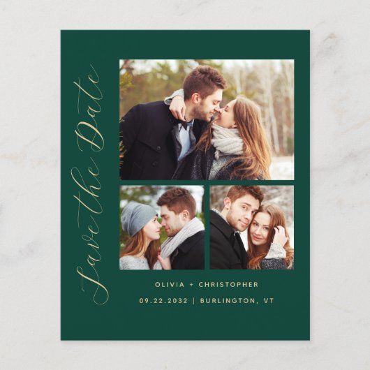 Budget 3-Photo Collage Emerald Green Save the Date (Voorkant)