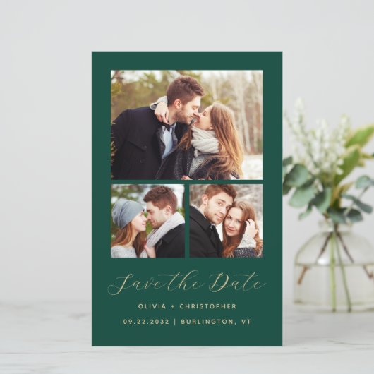 Budget 3-Photo Collage Green QR-code Save the Date (Staand voorkant)