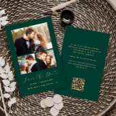 Budget 3-Photo Collage Green QR-code Save the Date