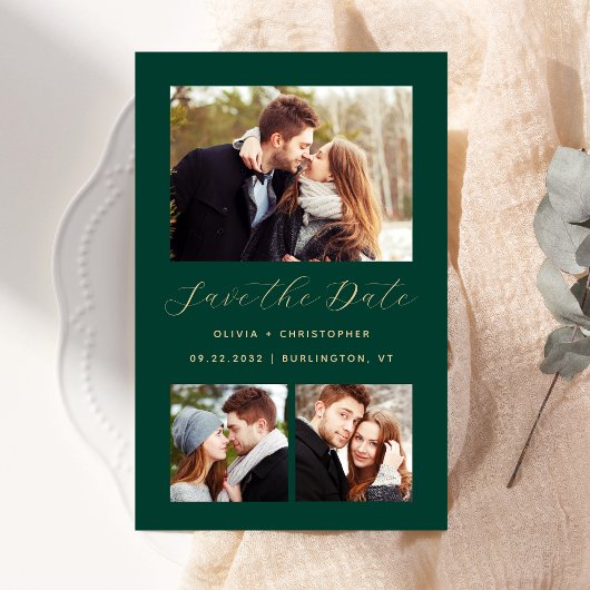 Budget 3-Photo Collage Green Save the Date