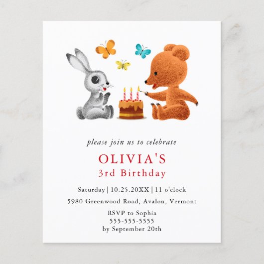 Budget 3e verjaardag Teddy Bear Bunny uitnodiging (Voorkant)
