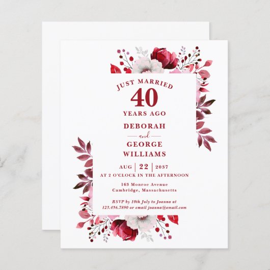 Budget 40e bruiloft Jubileum Bloemenuitnodiging (Voorkant / Achterkant)