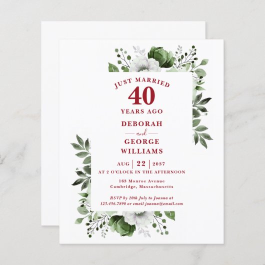 Budget 40e bruiloft Jubileum Bloemenuitnodiging (Voorkant / Achterkant)