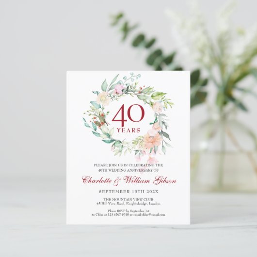 Budget 40e Jubileum Ruby Floral Foto Uitnodigen (Staand voorkant)