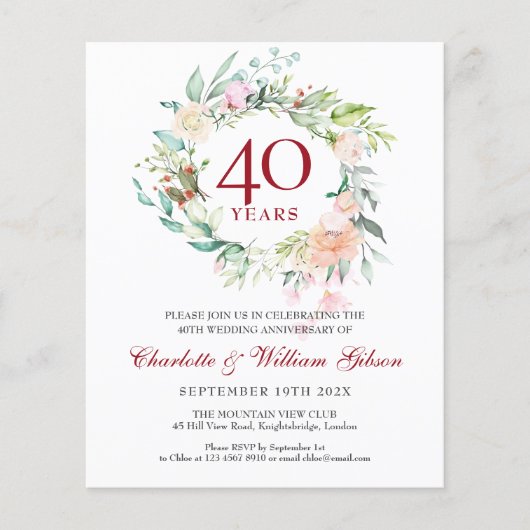 Budget 40e Jubileum Ruby Floral Foto Uitnodigen (Voorkant)