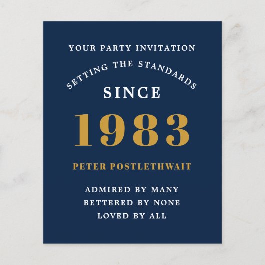 Budget 40e verjaardag 1983 Uitnodiging blauw goud Flyer (Voorkant)