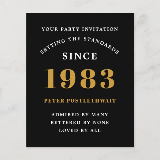 Budget 40e verjaardag 1983 Uitnodiging zwart goud Flyer (Voorkant)