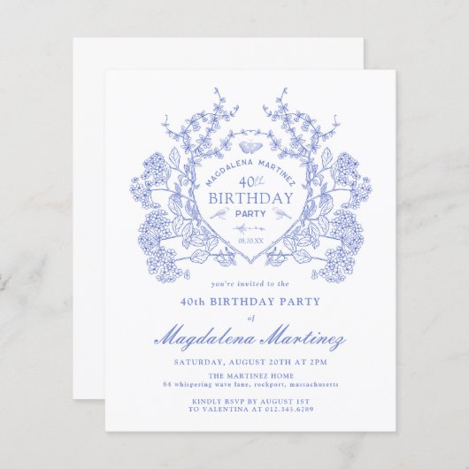 BUDGET 40e Verjaardag Blauwe Bloemkam (Voorkant / Achterkant)