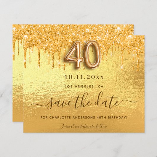 Budget 40e verjaardag gouden glitter save the date (Voorkant / Achterkant)