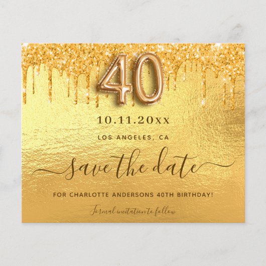 Budget 40e verjaardag gouden glitter save the date (Voorkant)