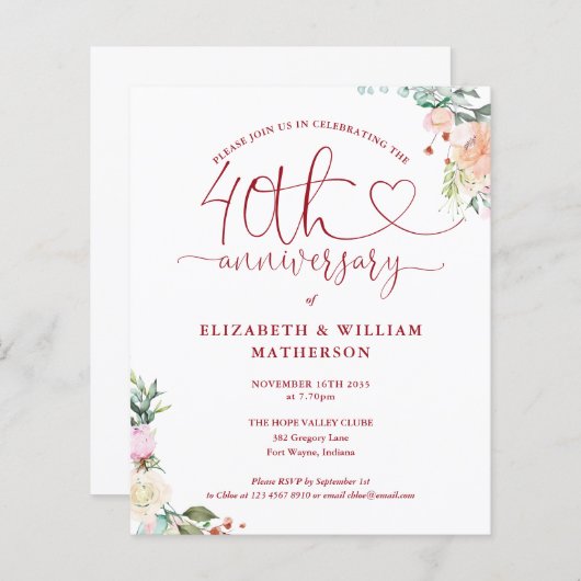 Budget 40e verjaardag Hart Bloemige Uitnodiging (Voorkant / Achterkant)