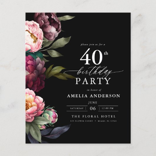 Budget 40e verjaardag Moody Bloemen Uitnodiging (Voorkant)