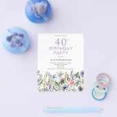 Budget 40e Verjaardag Paarse Bloemenuitnodiging Flyer (Enkel)