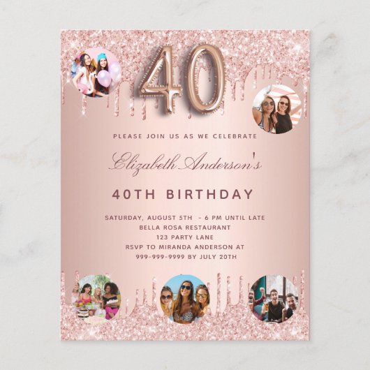 Budget 40e verjaardag roos gouden foto-uitnodiging (Voorkant)